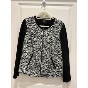 Talbots Jacket 16 Petite Herringbone Black White Zip Long Sleeves Pockets